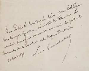 Gambetta, Léon – 2 billets + annexes. 1871