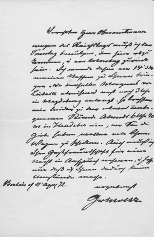 Moltke, Helmuth Graf von – Brief an einen Oberamtmann, den er besuchen will. 1872