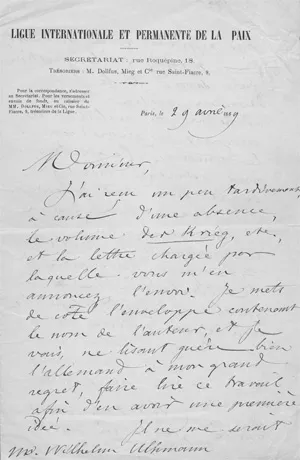 Passy, Frédéric – Brief an Wilhelm Ulhmann über eine Antikriegs-Broschüre. 1869