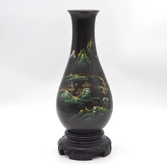 中国花瓶,中国风风景,木质,漆绘,约1970年,中国。
