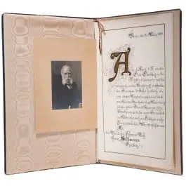 Consigliere segreto effettivo Wilhelm Selkmann (1818 - 1913) - diploma commemorativo del Bundesrat per il congedo del rappresentante di Oldenburg il 1 aprile 1901