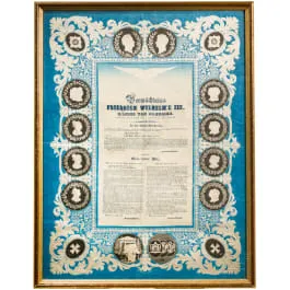 « Vermächtniss Friedrich Wilhelm's III. König von Preussen » - feuille commémorative textile 1840