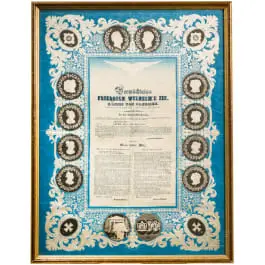 « Vermächtniss Friedrich Wilhelm's III. König von Preussen » - feuille commémorative textile 1840