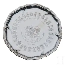 Assiette en argent du corps des officiers du 2e régiment de hussards de la Garde pour le départ du lieutenant von Braunmüller 1905