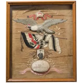 Seidenstickbild und Adlerskulptur, 1. Hälfte 20. Jhdt.