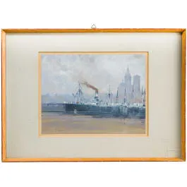 Willy Stöwer（1864 - 1931）- 施特拉尔松德港口景观水粉画