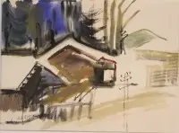 描绘山景或村庄景色的水彩画，签名难以辨认。