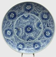 古董中国青花瓷盘，带星形或向日葵纹（星芒纹），18世纪末至19世纪初，直径27厘米