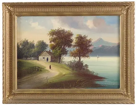 ARTISTA DESCONOCIDO/A -siglo XX- Lago alpino con vivienda campesina en la orilla, óleo sobre lienzo.