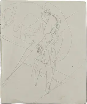 KIRCHNER, ERNST LUDWIG. Artistas en el trapecio oscilante, ca. 1911, lápiz sobre papel de cuaderno de bocetos.