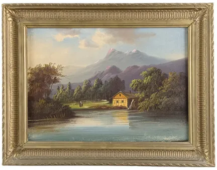 未知艺术家 -20世纪- 湖畔水磨坊的阿尔卑斯风景，布面油画。