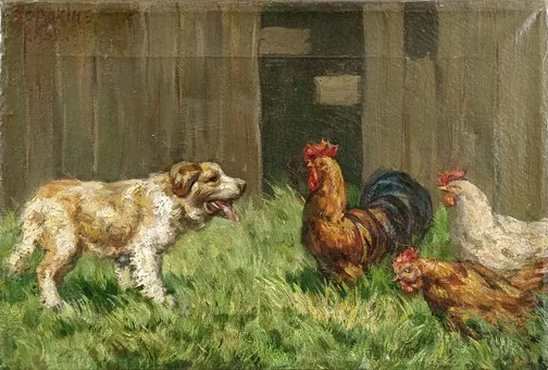 SOROKIN。鸡舍前鸡群旁的狗，1892年，布面油画。
