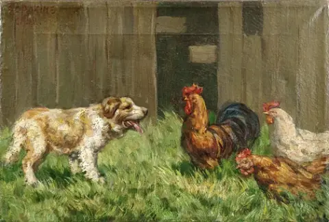 SOROKIN. Perro junto a gallinas ante un gallinero, 1892, óleo sobre lienzo.