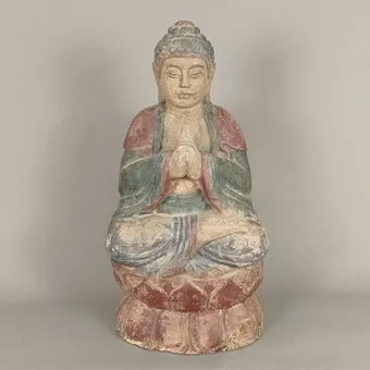 重型大型佛像,置于高莲花座上——中国,木雕。