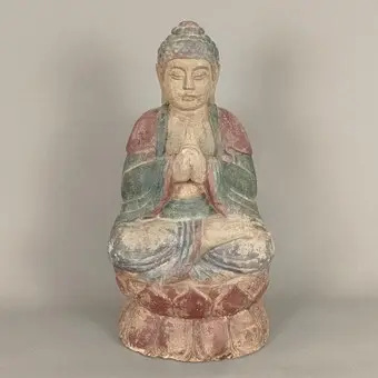 Tung stor BUDDHAFIGUR på høj lotusfod - Kina, træskåret.