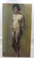 油画，站立全身女性裸体正面像，布面油画。