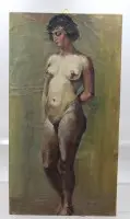 油画，站立全身女性裸体正面像，布面油画。