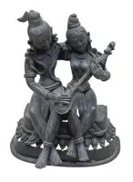 Bronze, hinduistisk gudepar Shiva og Parvati, musicerende, på lotustrone, stærkt patineret, formentlig 1800-tallet, h. 13 cm, b. 10,5 cm