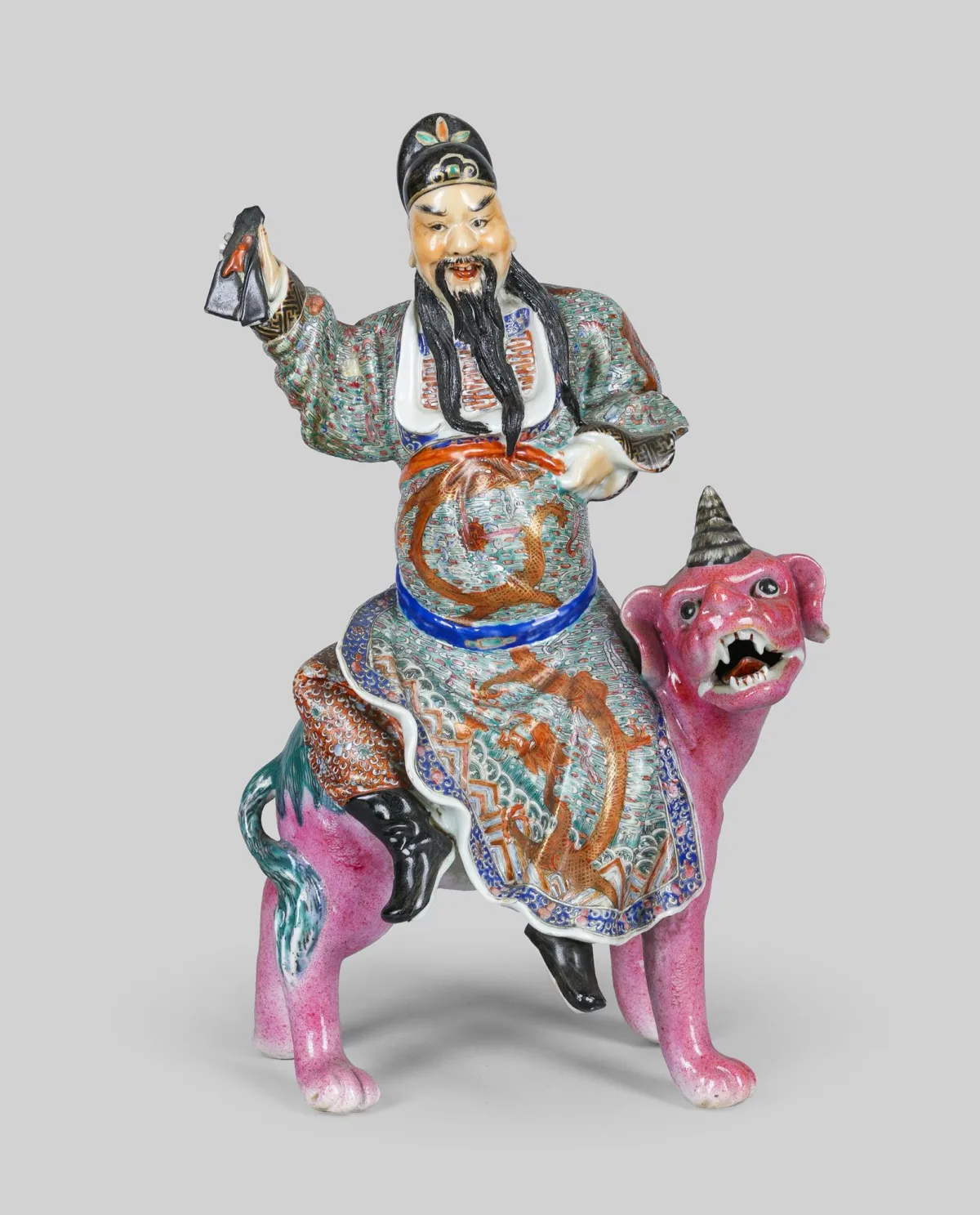 雕塑,中国,瓷器,"福星骑福犬",高 = 34 厘米,修复过,有磕碰 (42239-1)