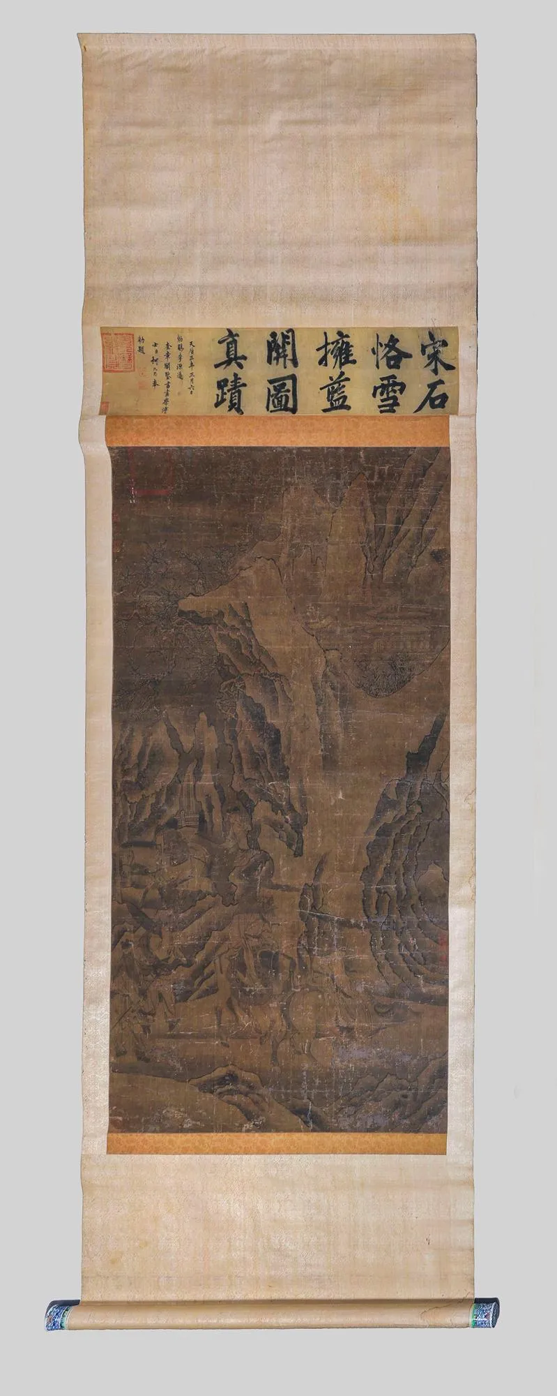 Hanging scroll, China, 19th c., porcelain knobs, "Landscape with Riders", ink drawing, 133 x 88 cm resp. 280 x 102 cm
