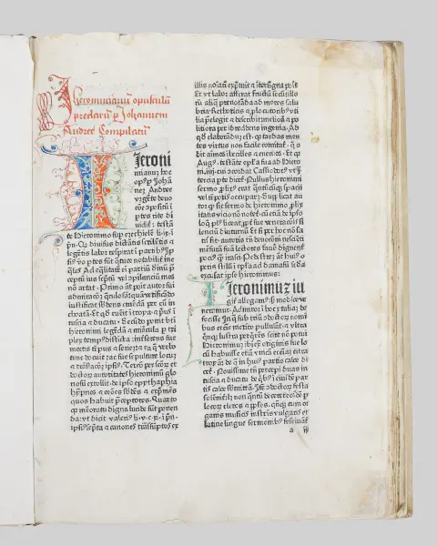 Johannes Andreae، «Hiernimianum opusculum praeclarum per Johannem Andreae compilatum»، كولونيا 1482، مطبوعة إنكونابولا بحروف أولى مرسومة يدويًا