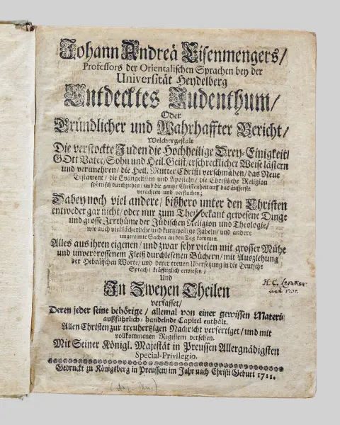 Johann A. Eisenmenger، «Entdecktes Judenthum»، كونيغسبرغ 1711، كتابان في مجلد واحد؛ P. Melanchthon/C. Peucer، «Chronica Carionis»،…