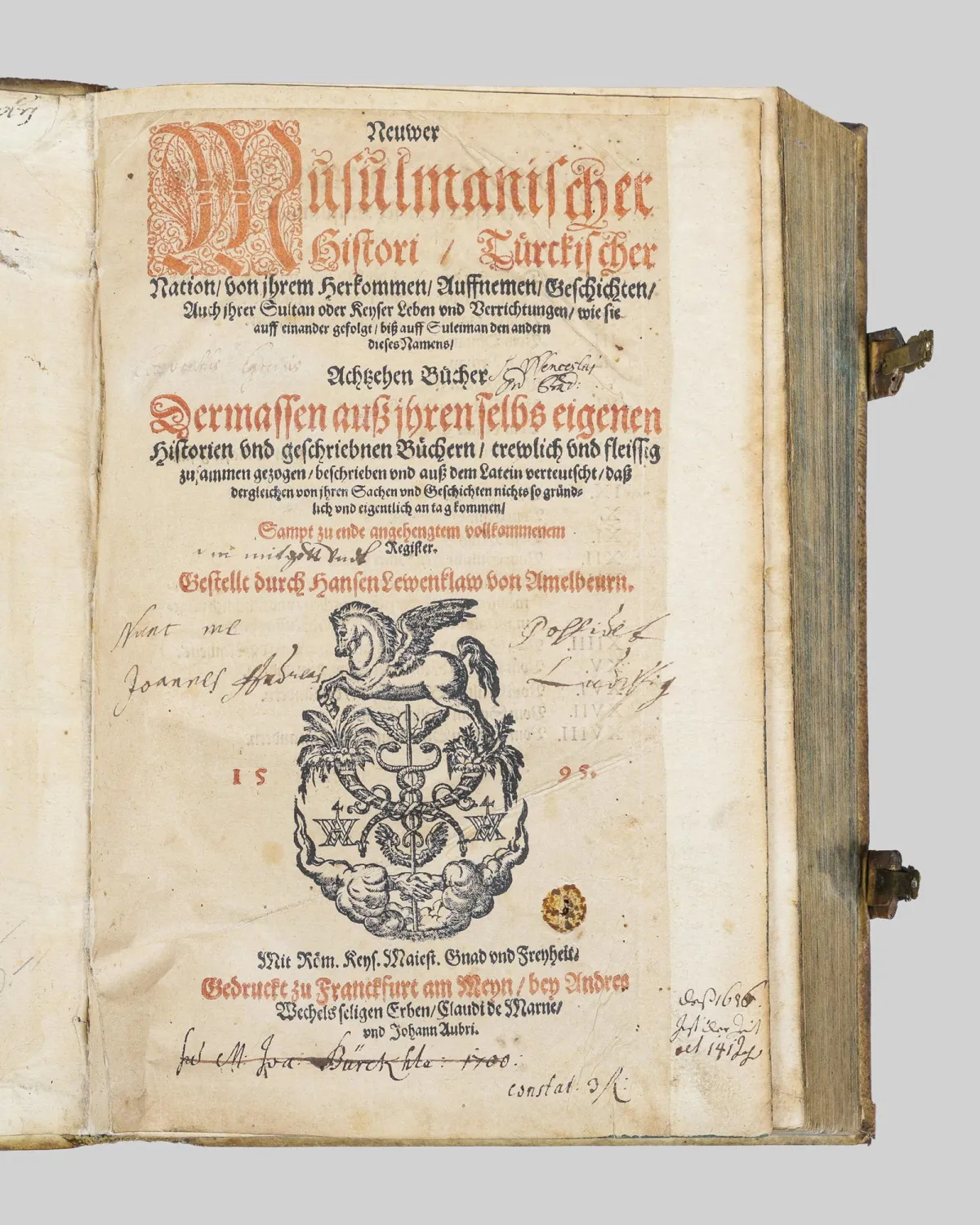 Johannes Leunclavius, « Neuwer Musulmanischer Histori/Türckischer Nation », Francfort 1595, restauré, incomplet, endommagé
