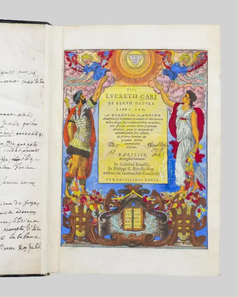 تيتوس كاروس لوكريتيوس، «Titi Lucretii Cari De Rerum Natura libri sex, a Dionysio Lambino commentaris illustrati»، باريس 1564، ملوّن يدويًا جزئيًا…