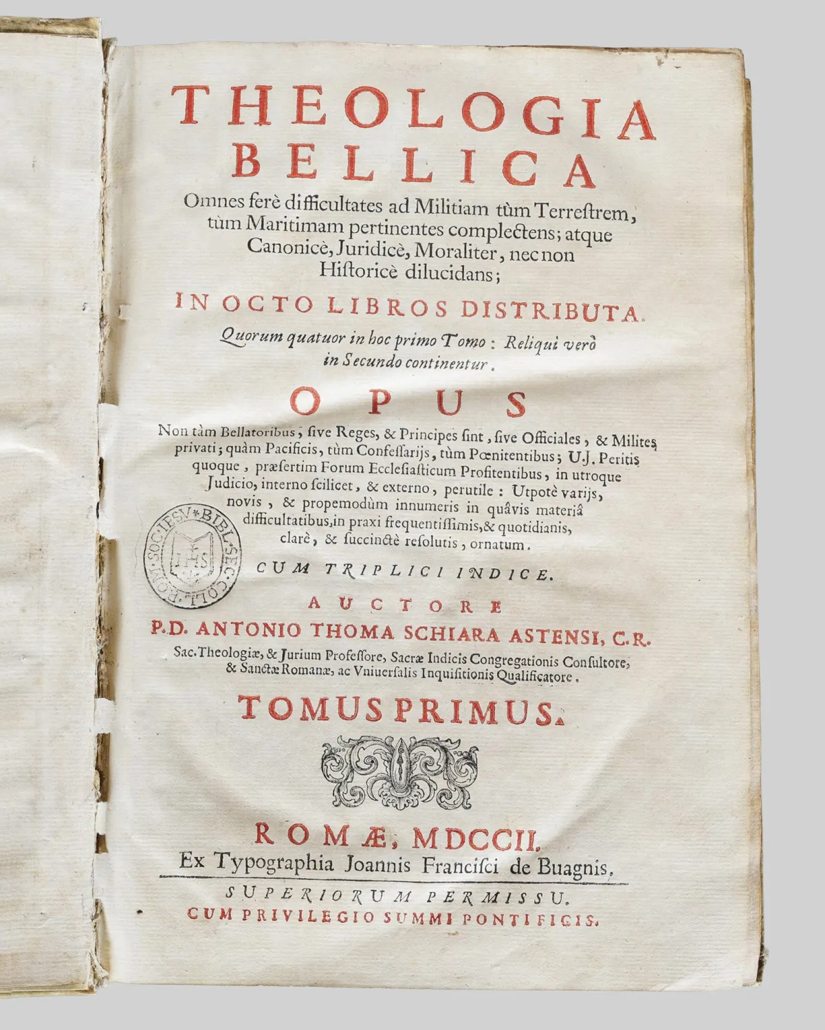 أنطونيو توماسو سكيارا، «Theologia bellica...»، روما 1702-1703، في ثلاثة مجلدات، مرمّم