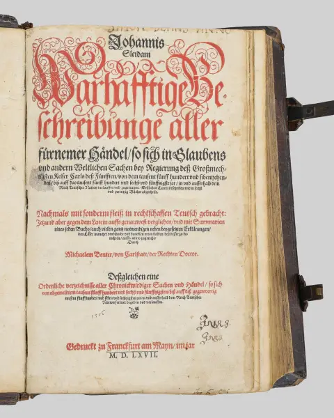 يوهانس سلايدانوس، «وصف صادق لجميع الشؤون البارزة…»، فرانكفورت أم ماين 1567، غير مكتمل، تالف، n.coll.