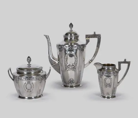 Service à café, argent 800, Bruckmann & Söhne, style Empire, trois pièces, partiellement doré à l'intérieur, env. 1 054 g