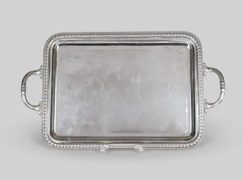 Plateau, argent 800, Rino Greggio, Italie, deux poignées, bord à palmettes, L = 46 cm, env. 979 g, rayures