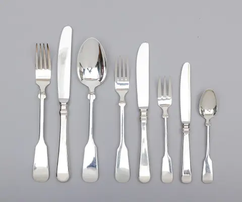 Ménagère, Robbe & Berking, 150 argenté, Spaten, six couteaux et fourchettes d'entrée, douze couteaux, fourchettes et cuillères de table