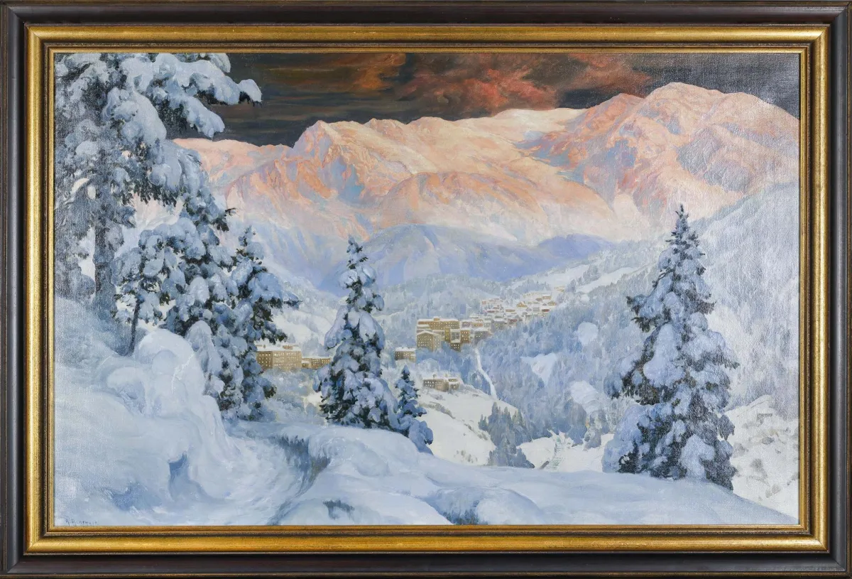 Alois Arnegger, gesigneerd linksonder, Wenen 1879 – 1963 aldaar, "Alpenglühen über Bad Gastein", olie/doek, 67 x 104 cm