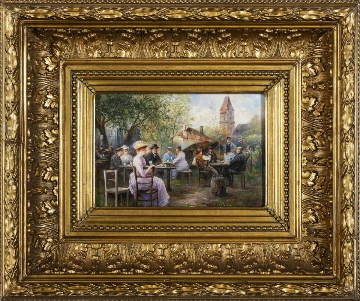 Emil Barbarini，右下角签名，维也纳 1855 – 1930 同上，《In der Gartenwirtschaft》，木板油画，15,2 x 21 厘米 – 背面有…
