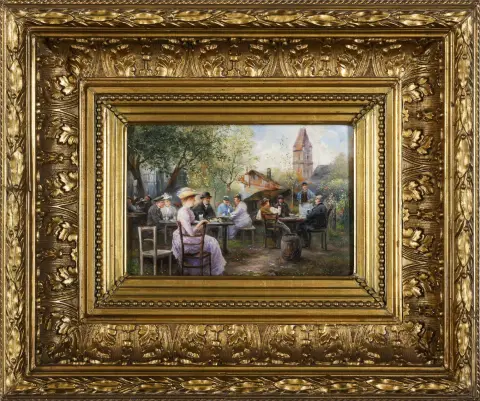 Emil Barbarini, signé en bas à droite, Vienne 1855 – 1930 ibid., « In der Gartenwirtschaft », huile/bois, 15,2 x 21 cm
