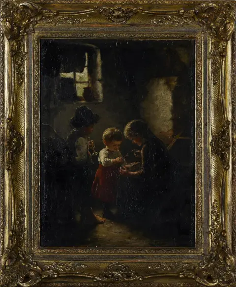 Carl von Bergen, signé en bas à droite, daté (18)84, Cuxhaven 1853 – 1933 Munich, « Musizierende Kinder », huile/bois, 40 x 30 cm