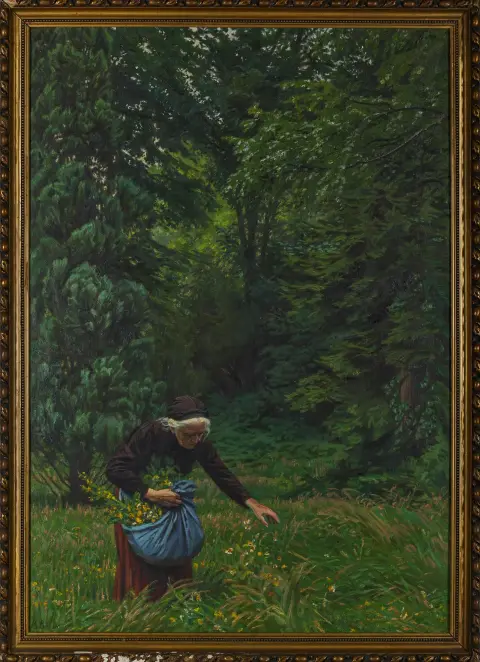 Richard Böhm, signé en bas à gauche, Dresde 1858 – 1947 Lauscha, « Paysanne cueillant des fleurs », huile/toile, 100 x 70 cm