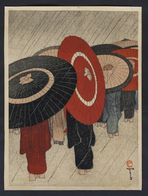 Friedrich Capelari, signé à la main en bas à droite, daté et localisé Tokyo 1915, monogramme dans le cachet, localisé et daté Tokyo 1915, Bleiburg 1884 – 1950 ibid., « Les Parapluies japonais », gravure sur bois en couleurs, 26,6 x 19,9 cm, monté à deux coins, bruni, taché, froissé, rogné