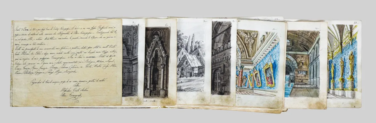 Metrodoro Conti，每页均有花押，1810-1887，曾在阿雷佐工作，素描本含42幅建筑与室内习作，多为水彩，部分钢笔