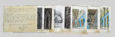 Metrodoro Conti, monogram rechtsonder, 1810-1887, actief in Arezzo, schetsboek met 42 studies van architectuur en interieur