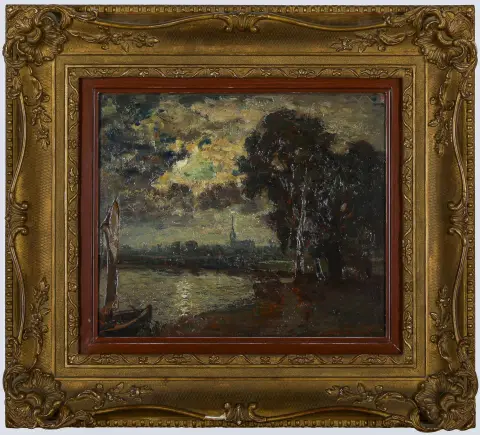 Louis Douzette, gesigneerd rechtsonder, Tribsees 1834 – 1924 Barth, "Maneschijn bij de Gölln bij Stralsund", olieverf/hout, 30 x 36 cm, signatuur met…