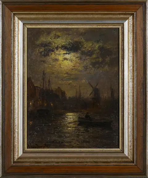 Louis Douzette, gesigneerd linksonder, Tribsees 1834 – 1924 Barth, "Terugkerende visser bij volle maan", olieverf/doek opgezet, 30 x 23,5 cm – verso…