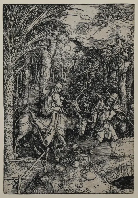 Albrecht Dürer, gemonogrammeerd linksonder, Neurenberg 1471 – 1528 aldaar, "De Vlucht naar Egypte", houtsnede, Latijnse boekuitgave, 30 x 20,6…