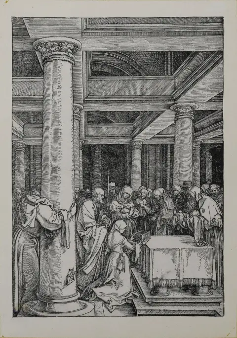 Albrecht Dürer, "De presentatie in de tempel", houtsnede, 29,5 x 21 cm