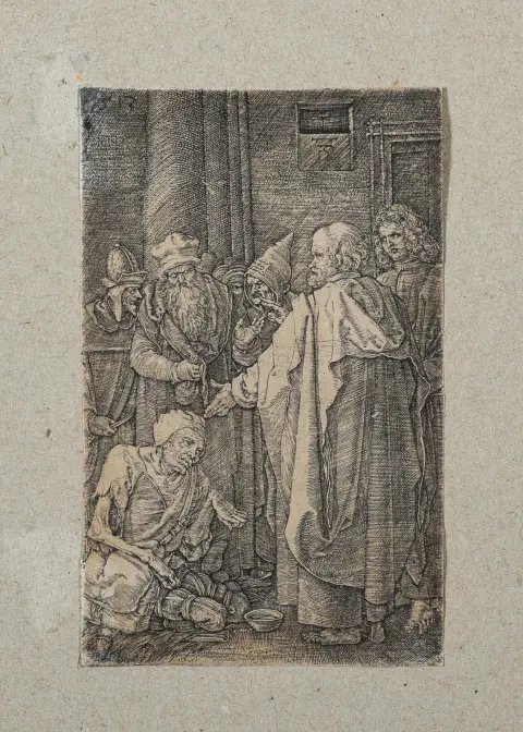 Albrecht Dürer, "Petrus en Johannes genezen de lamme", kopergravure, 1513