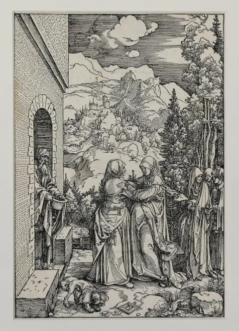 Albrecht Dürer, "De Visitatie van Maria", houtsnede, Latijnse tekstedition