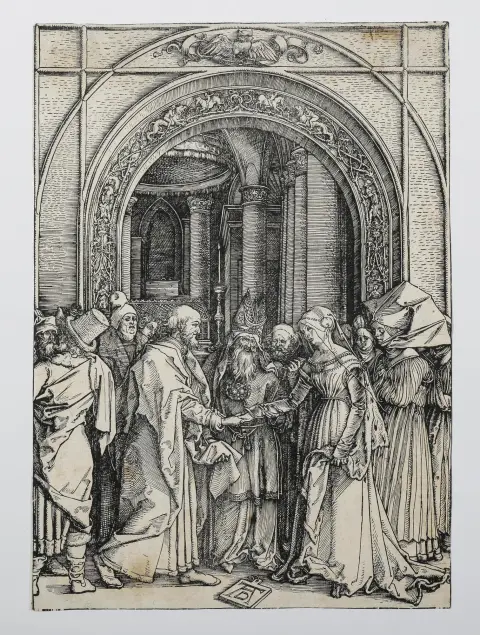 Albrecht Dürer, "De Verloving van Maria", houtsnede, 29,5 x 21,2 cm, gevlekt