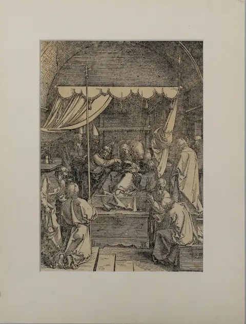 Albrecht Dürer, "De Dood van Maria", houtsnede, 30 x 12 cm, kreukels