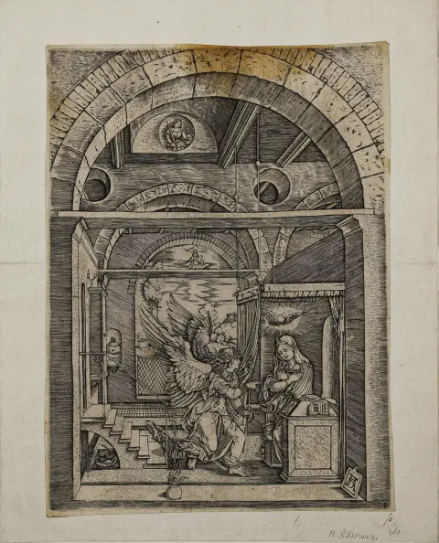 Marcantonio Raimondi naar Albrecht Dürer, "De Annunciatie", gravure, 28,9 x 21,4 cm